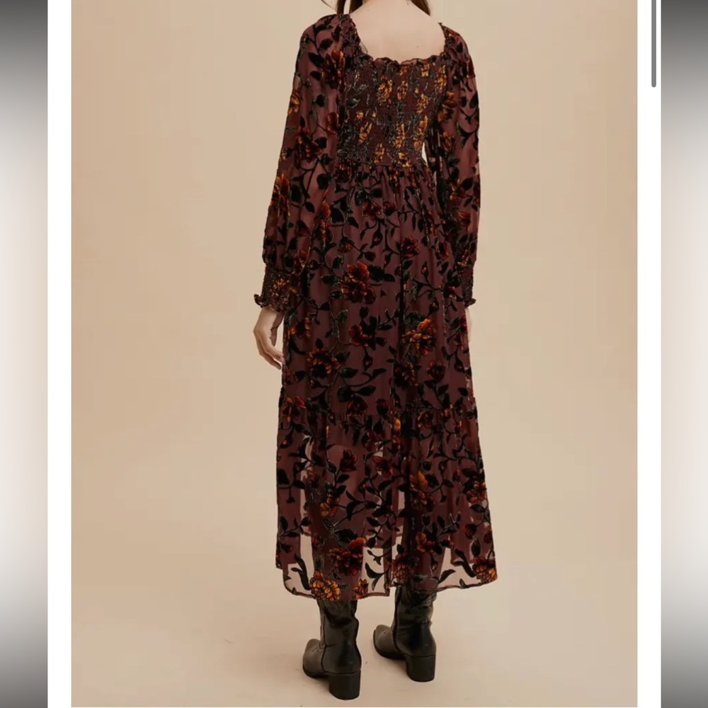 Burgundy and Gold Floral Long Sleeve Dress - Picture 2 of 15